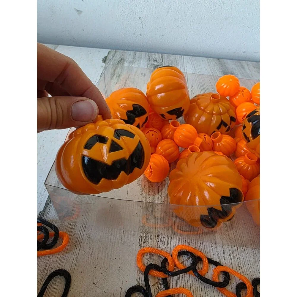 Vintage plastic string light blow mold pumpkin Halloween jack o'lantern witch ha